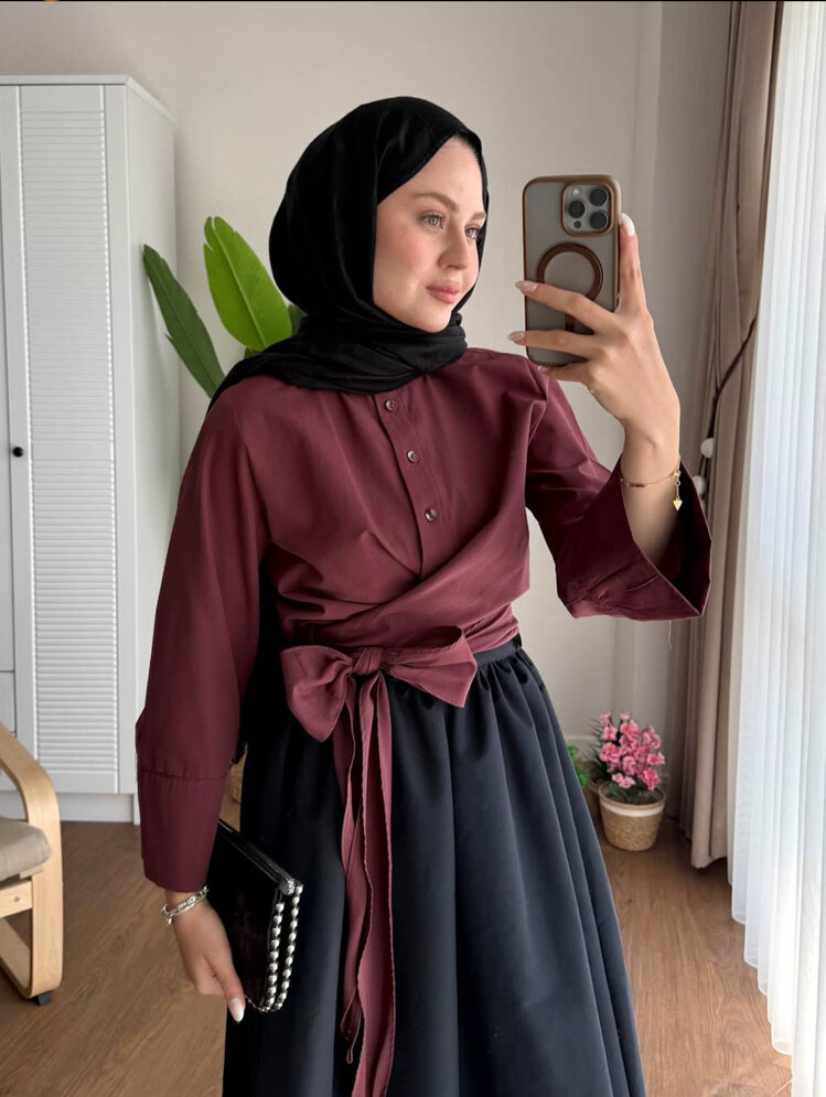 Bel Bağlamalı Kuşaklı Gömlek - Bordo