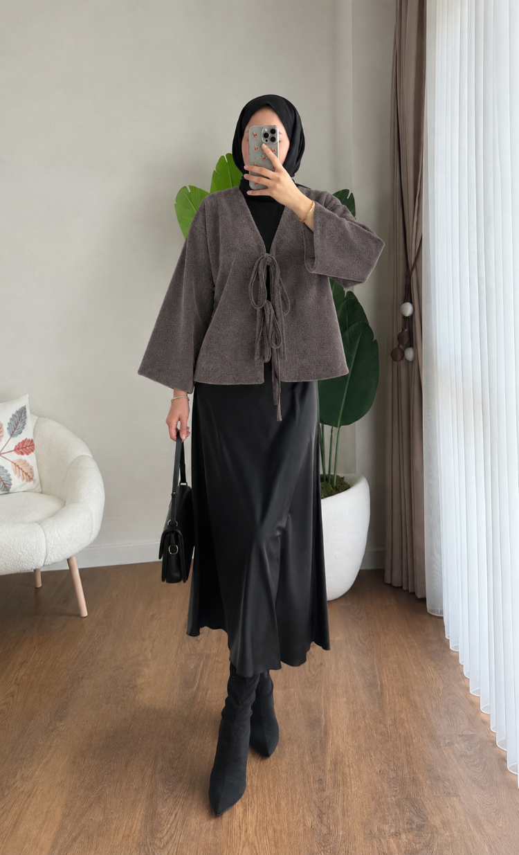Etek Üstü Önden Bağlamalı Fox Kimono - Kestane