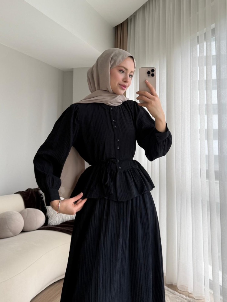 Melinda Begonya Kumaş Etekli Takım - Siyah