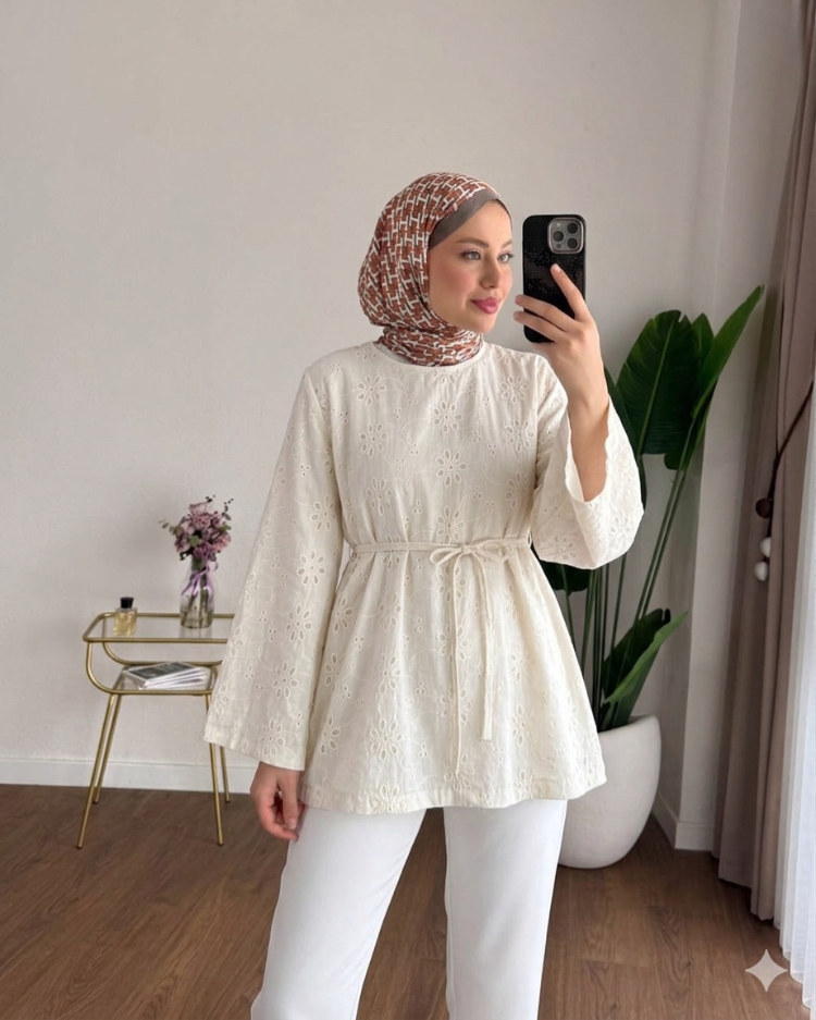 Çan Kol Fisto Kemerli Bluz Tunik - Bej