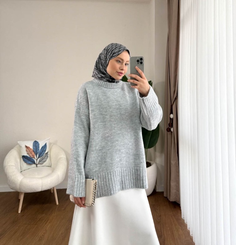 Oversize Bisiklet Yaka Tesettür Kazak - Gri