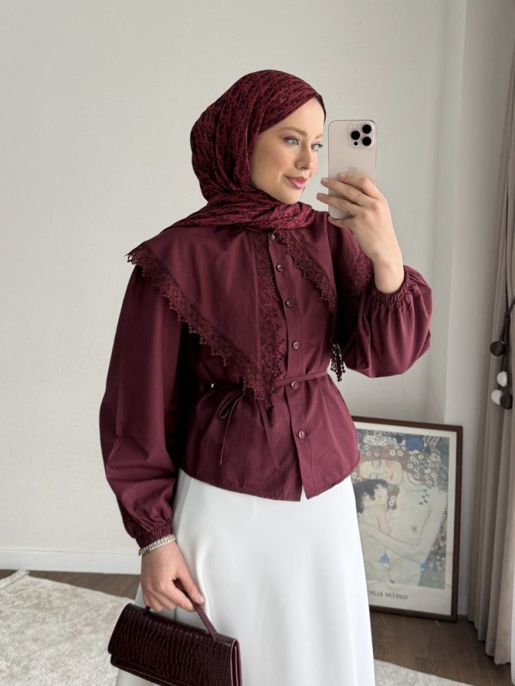 Etek Üstü Dantel Yakalı Poplin Gömlek - Bordo