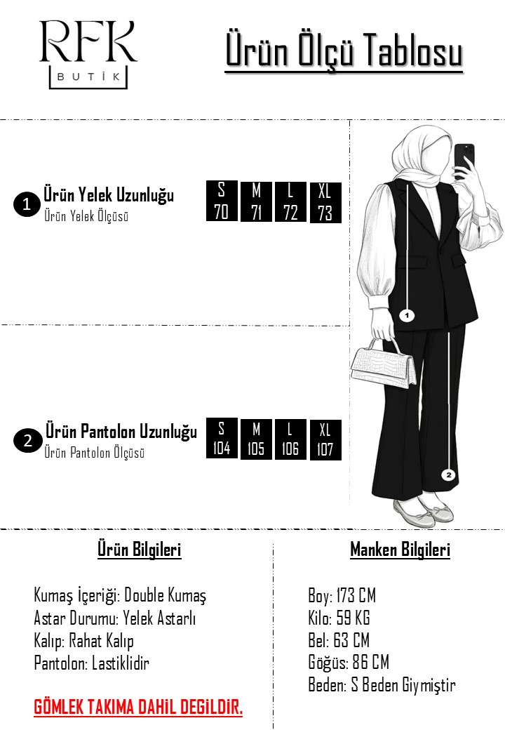 Tek Düğme Detaylı Double Kumaş Yelekli Pantolonlu Takım - Siyah