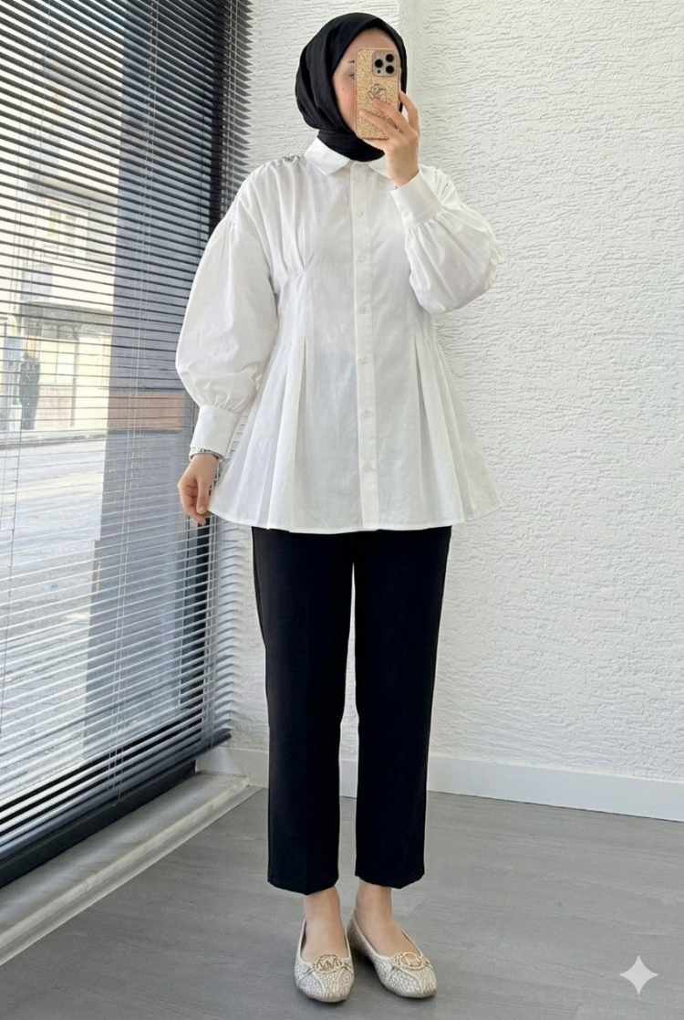 Premium Pens Detaylı Poplin Gömlek Tunik - Beyaz
