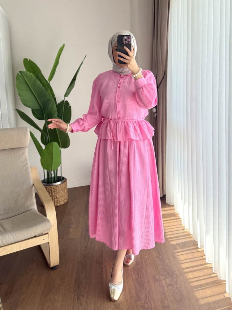 Melinda Begonya Kumaş Etekli Takım - Pembe