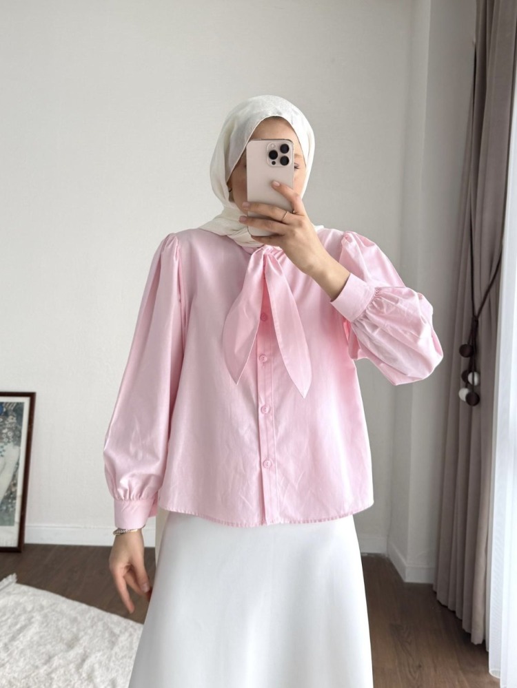 Etek Üstü Yaka Bağlamalı Poplin Gömlek - Pembe