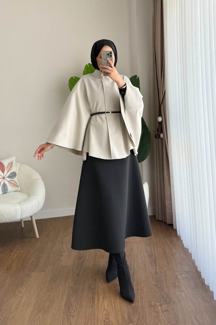 Oversize Kemerli Kaşe Panço - Bej