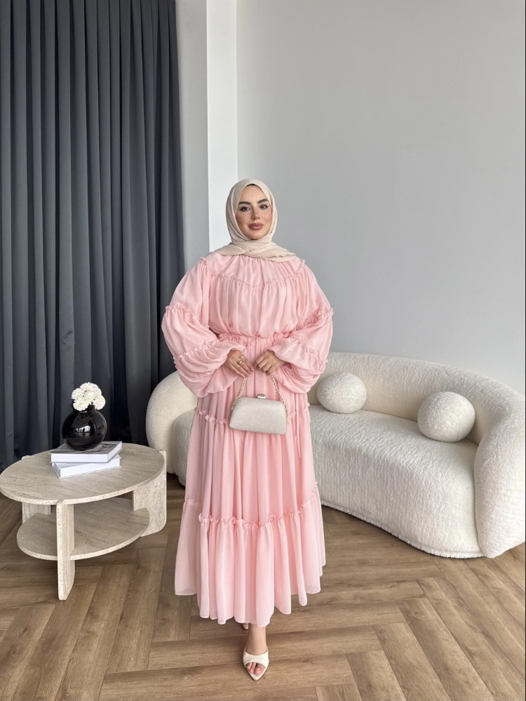 Fırfırlı Kat Kat Bağcık Detaylı Şifon Elbise - Pembe