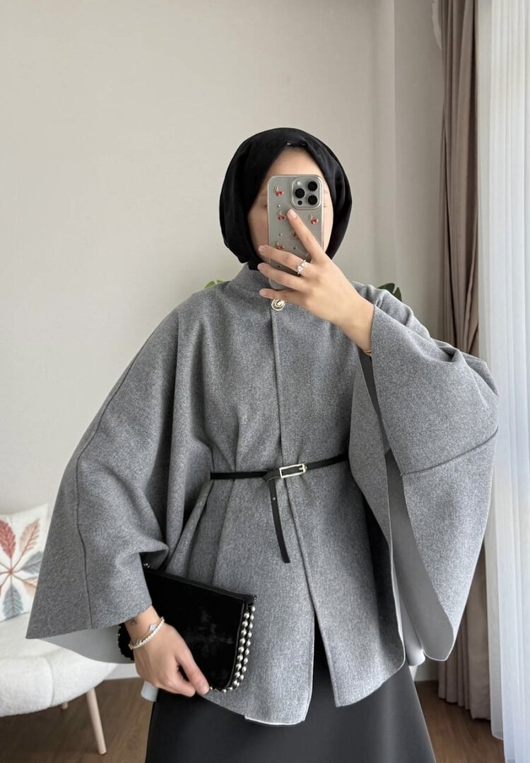Oversize Kemerli Kaşe Panço - Gri
