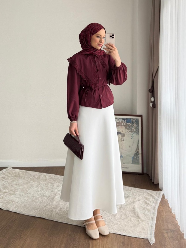 Etek Üstü Dantel Yakalı Poplin Gömlek - Bordo