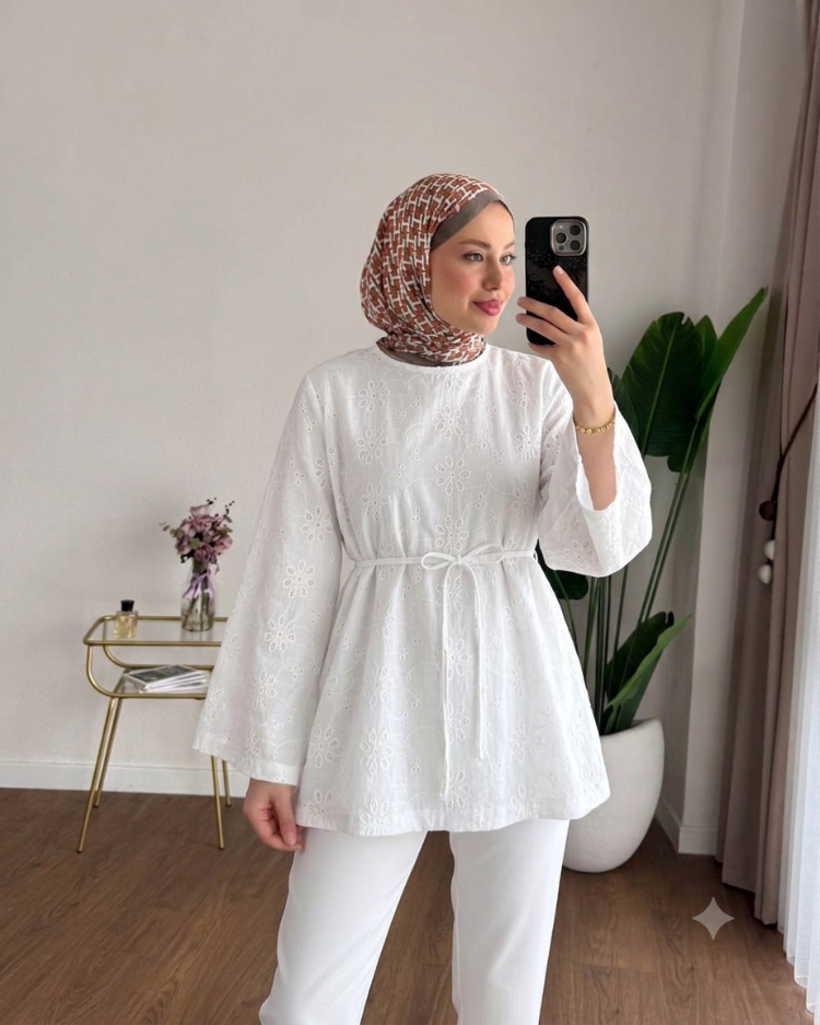 Çan Kol Fisto Kemerli Bluz Tunik - Beyaz