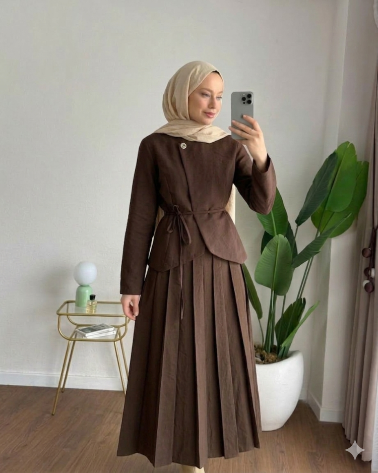 Zara Kupra Seyyar Kemerli Çımalı Etekli Takım - Kahverengi