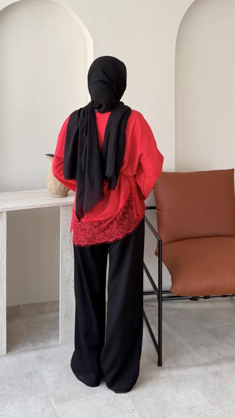 Dantel Detaylı Bel Bağlamalı Penye Sweat - Kırmızı