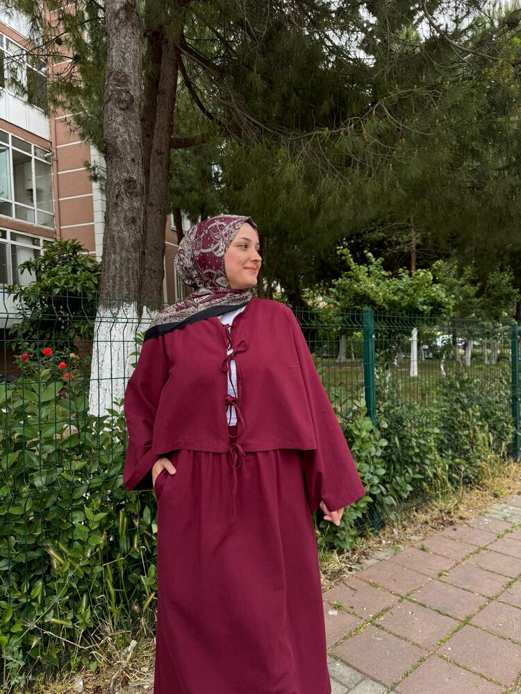 Önü Bağcıklı Keten Takım - Bordo
