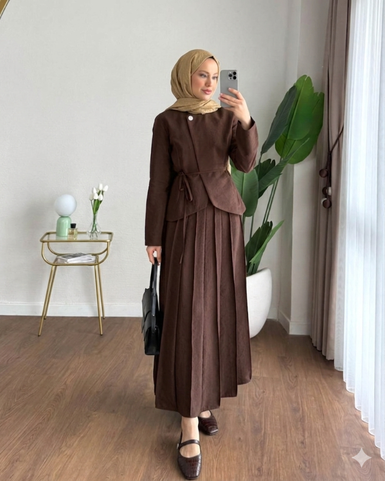 Zara Kupra Seyyar Kemerli Çımalı Etekli Takım - Kahverengi