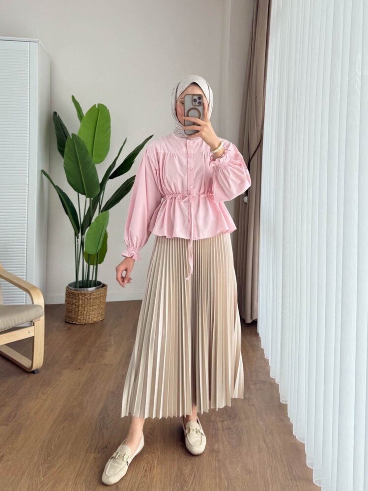 Beli Tünelli Etek Üstü Kısa Gömlek - Pembe