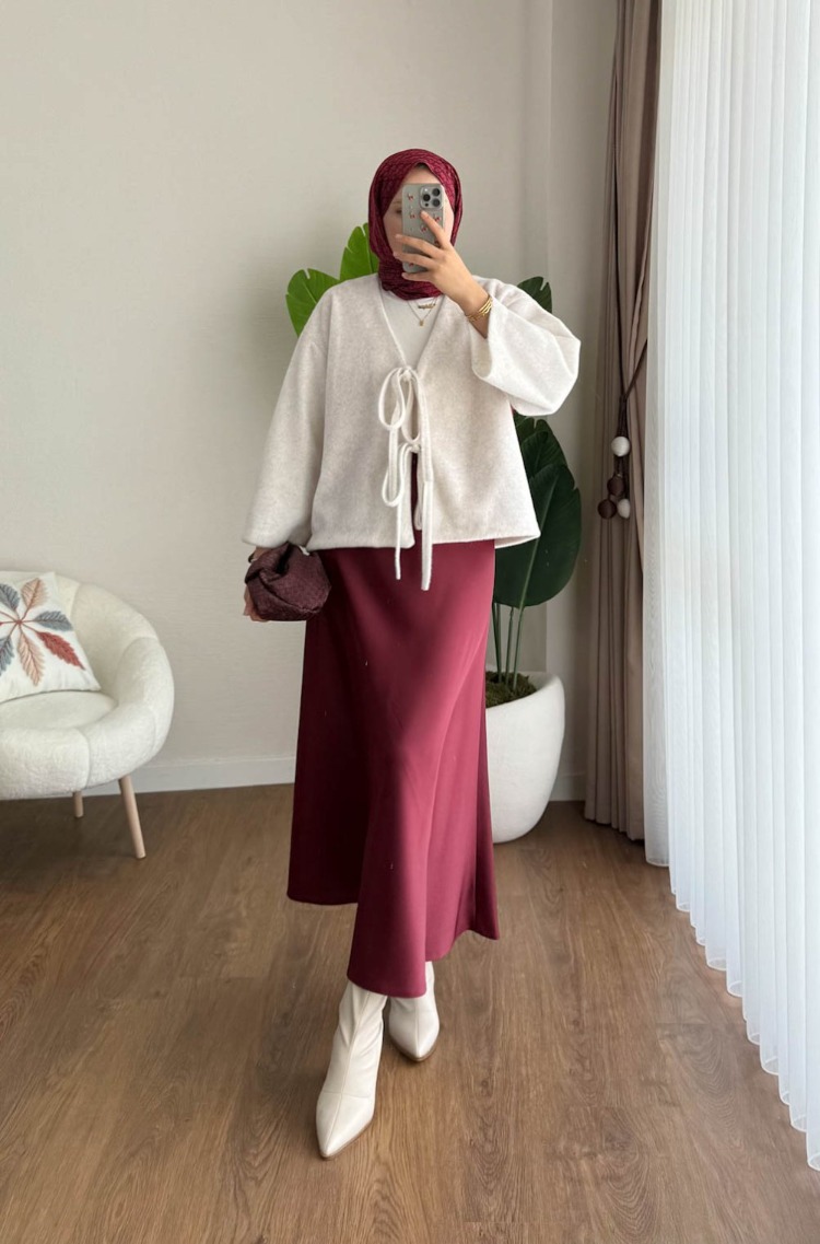 Etek Üstü Önden Bağlamalı Fox Kimono - Ekru