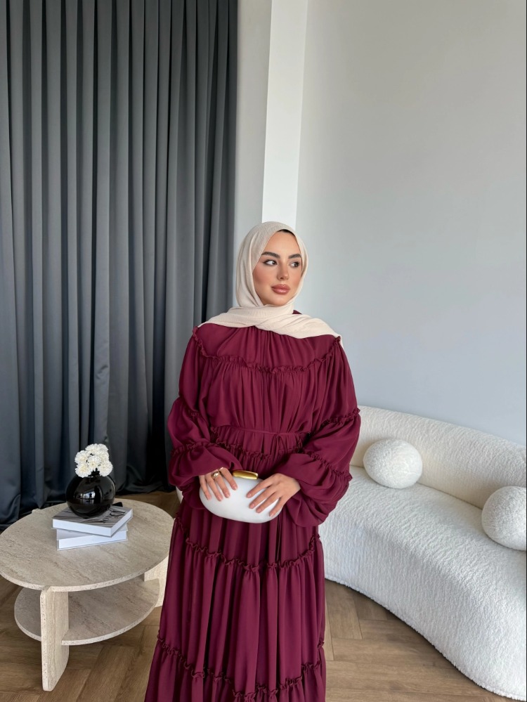 Fırfırlı Kat Kat Bağcık Detaylı Şifon Elbise - Bordo