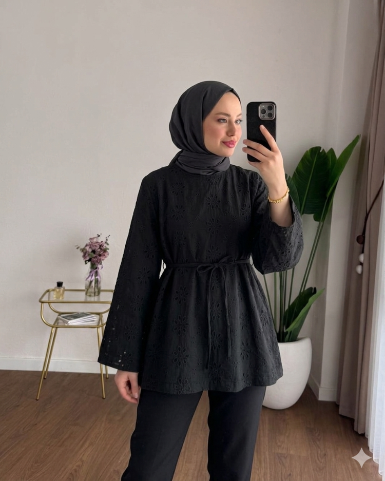 Çan Kol Fisto Kemerli Bluz Tunik - Siyah