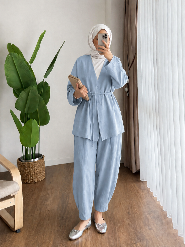 Bel Bağlamalı Şalvar Kesim Pantolonlu Kimono Takım - Mavi