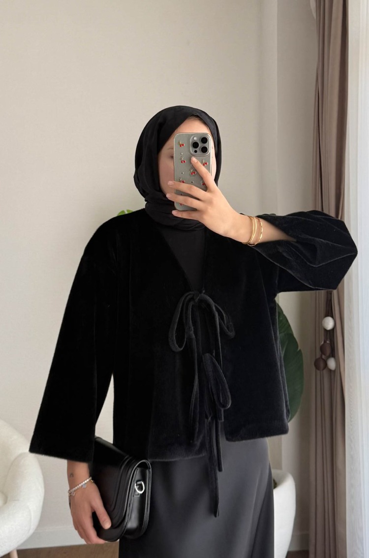 Etek Üstü Önden Bağlamalı Fox Kimono - Siyah