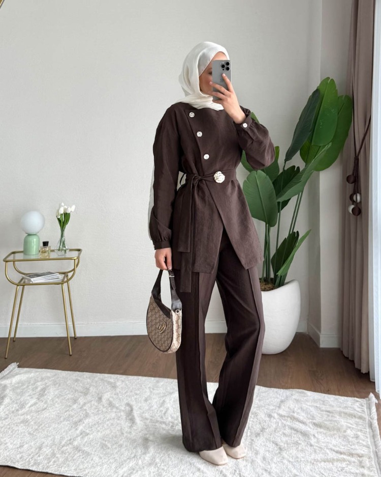 Zara Kupra Seyyar Kemerli Gold Düğmeli Pantolonlu Takım - Kahverengi
