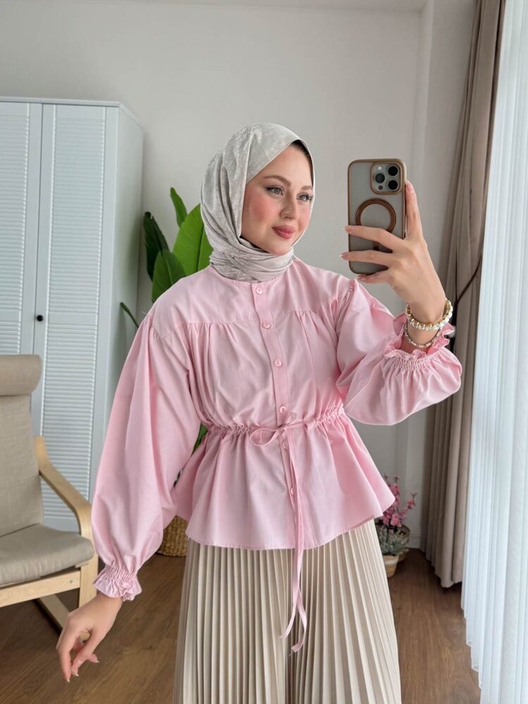 Beli Tünelli Etek Üstü Kısa Gömlek - Pembe