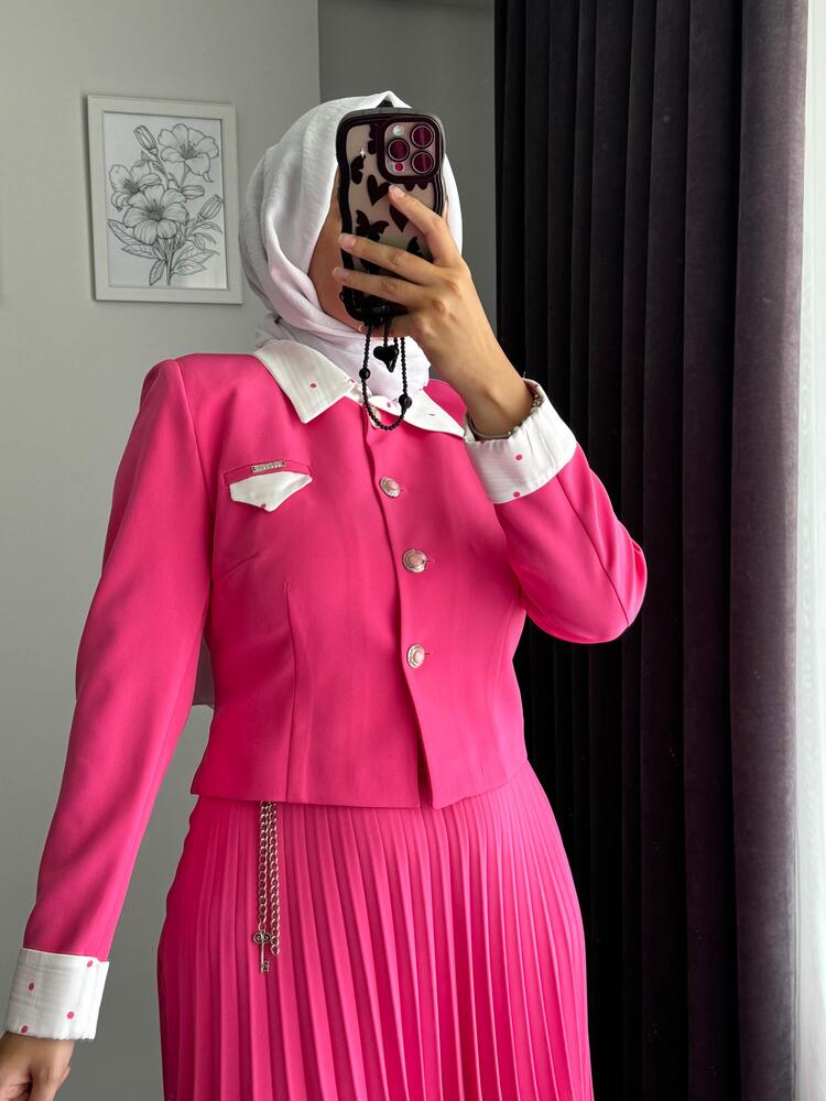 Puantiyeli Ceket Etek Takım - Fuşya