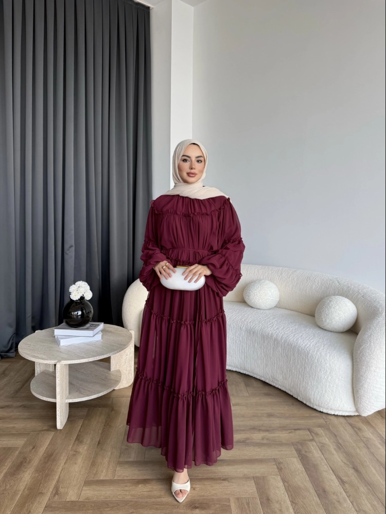 Fırfırlı Kat Kat Bağcık Detaylı Şifon Elbise - Bordo