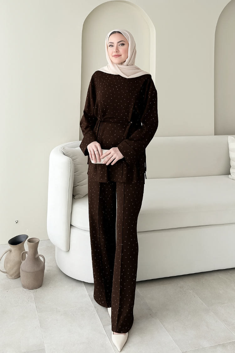 Beli Tünelli Taş Detaylı Pantolonlu İkili Takım - Kahverengi