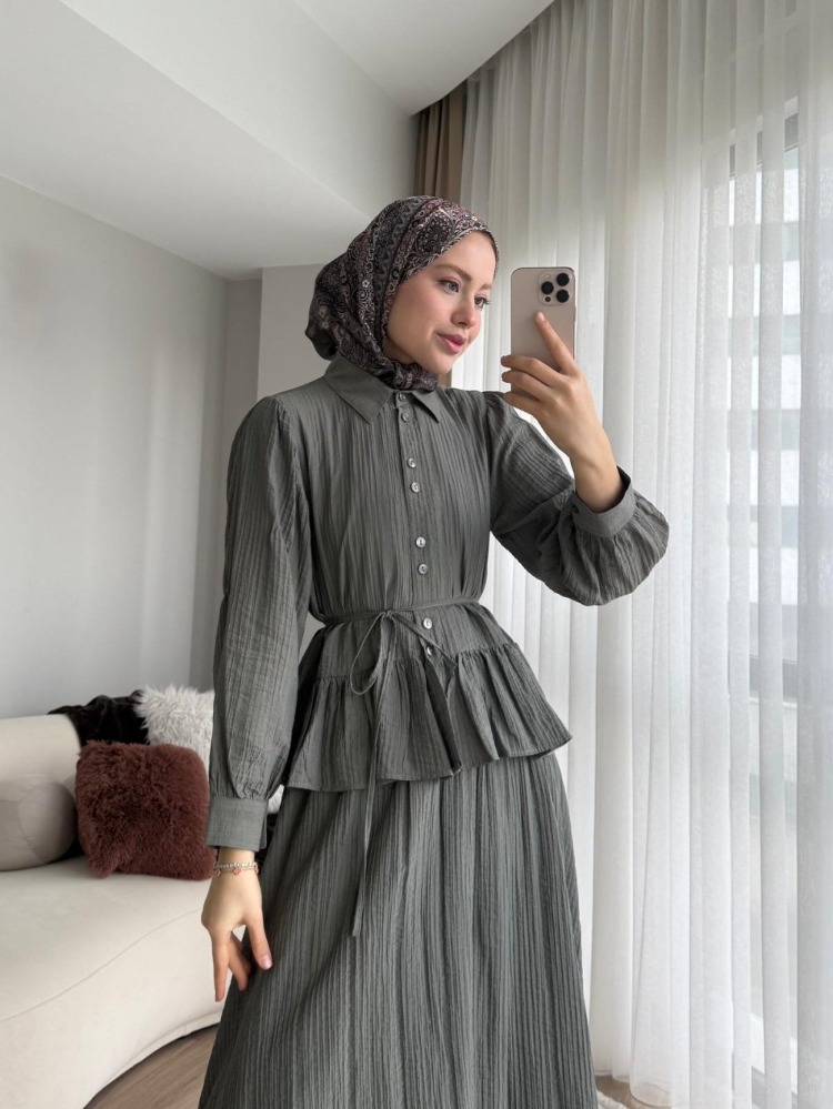 Melinda Begonya Kumaş Etekli Takım - Haki