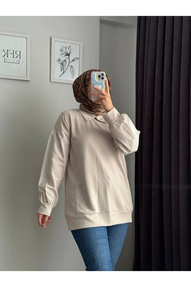 Polo Yaka Çizgili Gömlek Detaylı Tunik - Bej