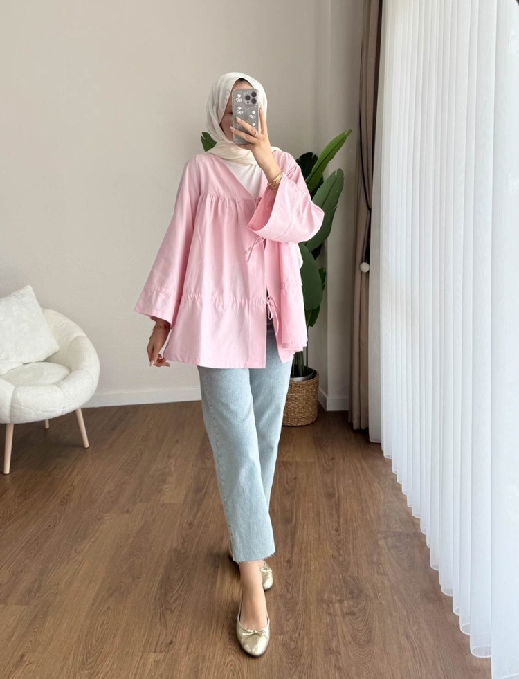 Büzgülü Önden Bağlamalı Poplin Kimono - Pembe