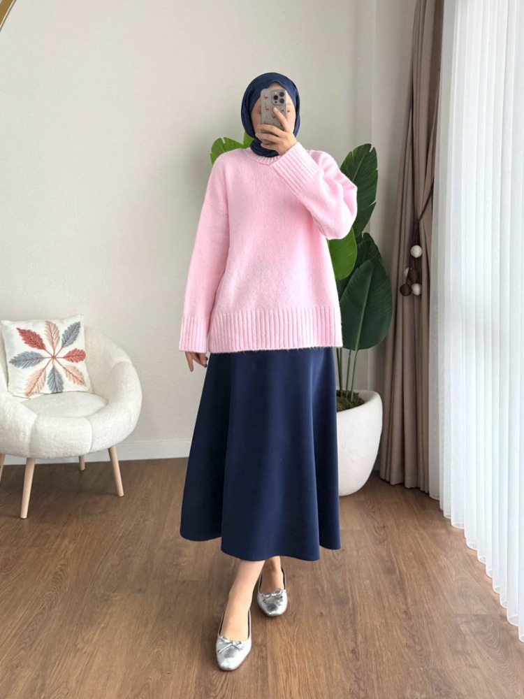 Oversize Bisiklet Yaka Tesettür Kazak - Pembe