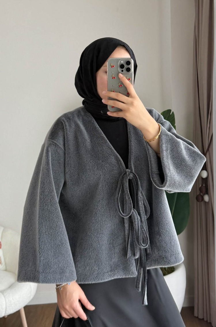 Etek Üstü Önden Bağlamalı Fox Kimono - Gri