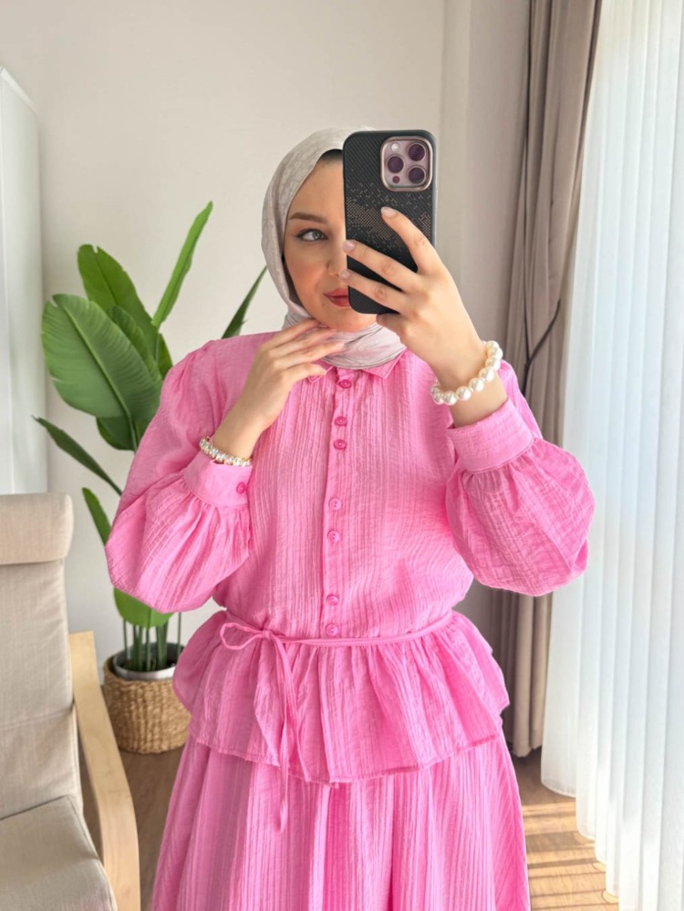 Melinda Begonya Kumaş Etekli Takım - Pembe