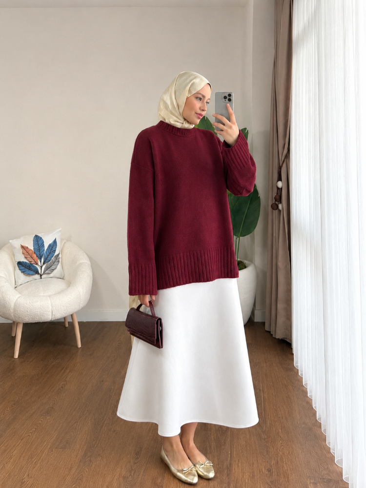 Oversize Bisiklet Yaka Tesettür Kazak - Mürdüm