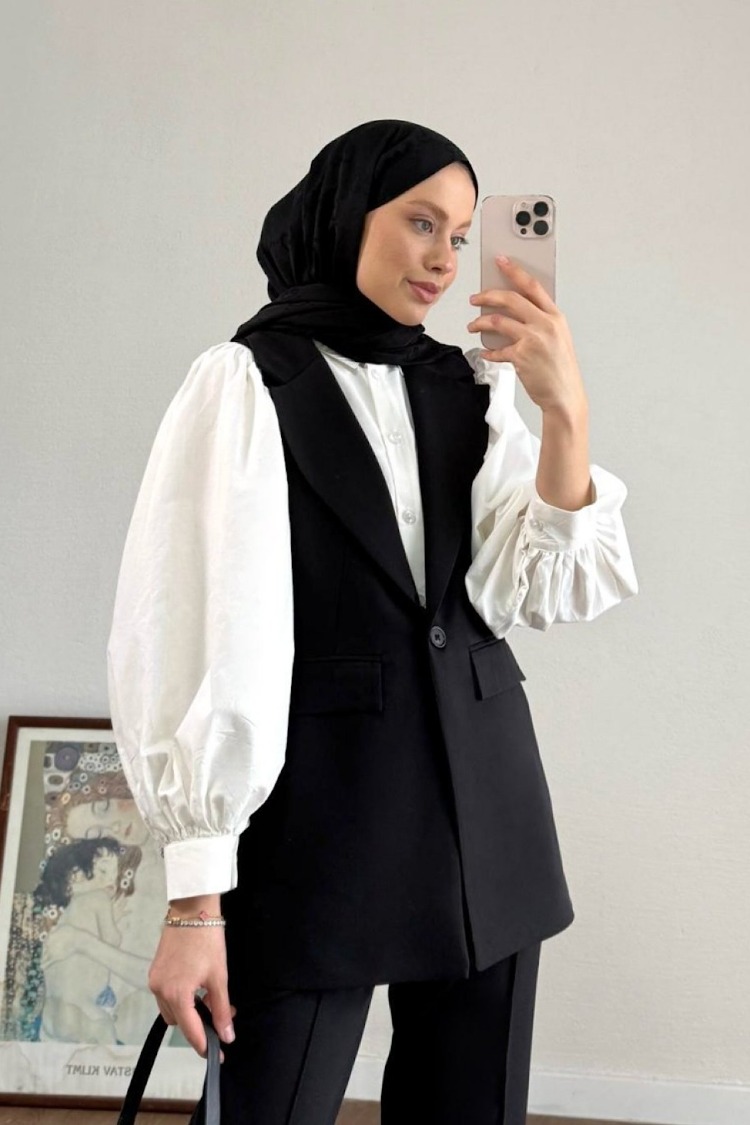 Tek Düğme Detaylı Double Kumaş Yelekli Pantolonlu Takım - Siyah