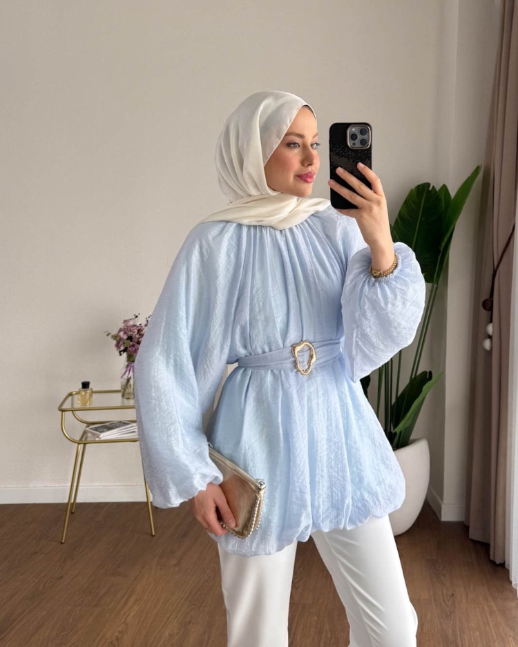 Balon Kol Bubble Kemerli Tunik - Mavi