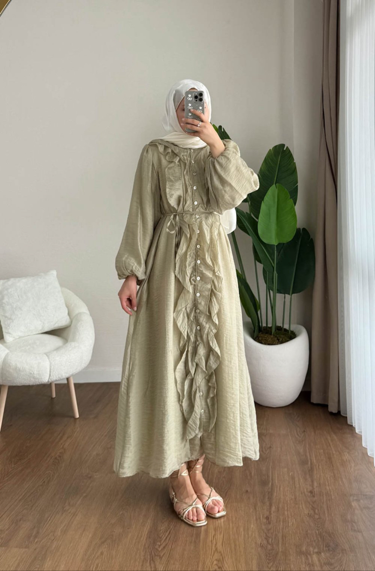 Bel Bağlamalı Fırfırlı Kumru Elbise - Yeşil