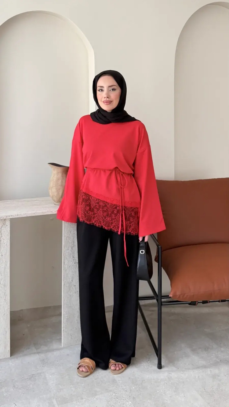 Dantel Detaylı Bel Bağlamalı Penye Sweat - Kırmızı