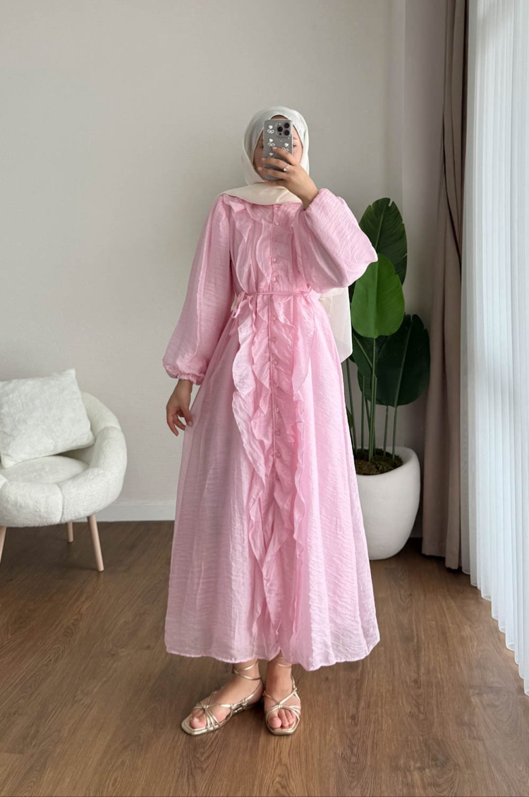 Bel Bağlamalı Fırfırlı Kumru Elbise - Pembe