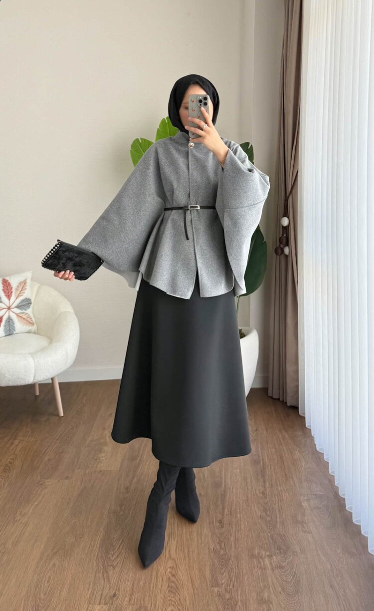 Oversize Kemerli Kaşe Panço - Gri
