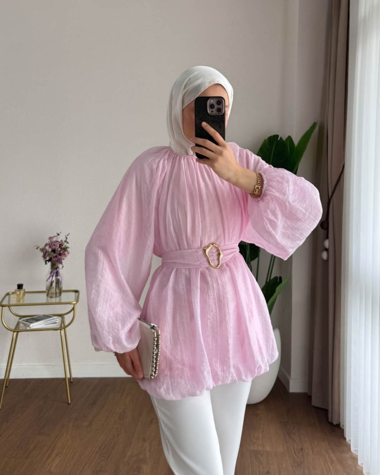 Balon Kol Bubble Kemerli Tunik - Pembe