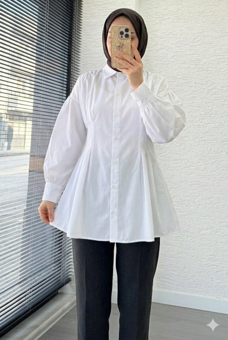 Premium Pens Detaylı Poplin Gömlek Tunik - Beyaz