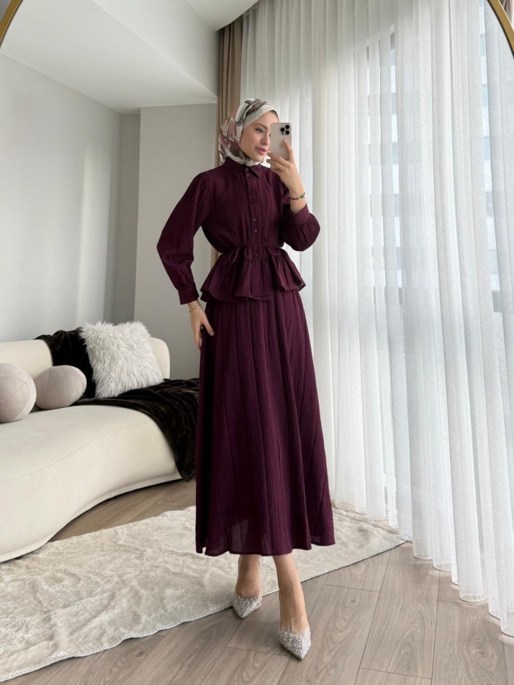 Melinda Begonya Kumaş Etekli Takım - Mürdüm