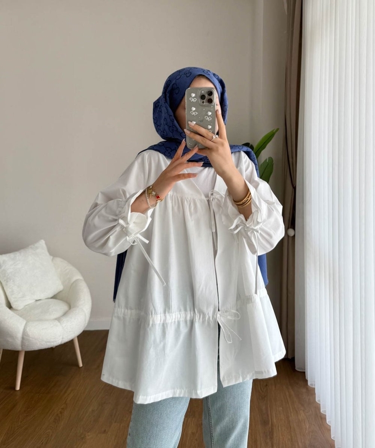 Büzgülü Önden Bağlamalı Poplin Kimono - Beyaz