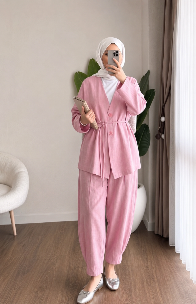 Bel Bağlamalı Şalvar Kesim Pantolonlu Kimono Takım - Pembe