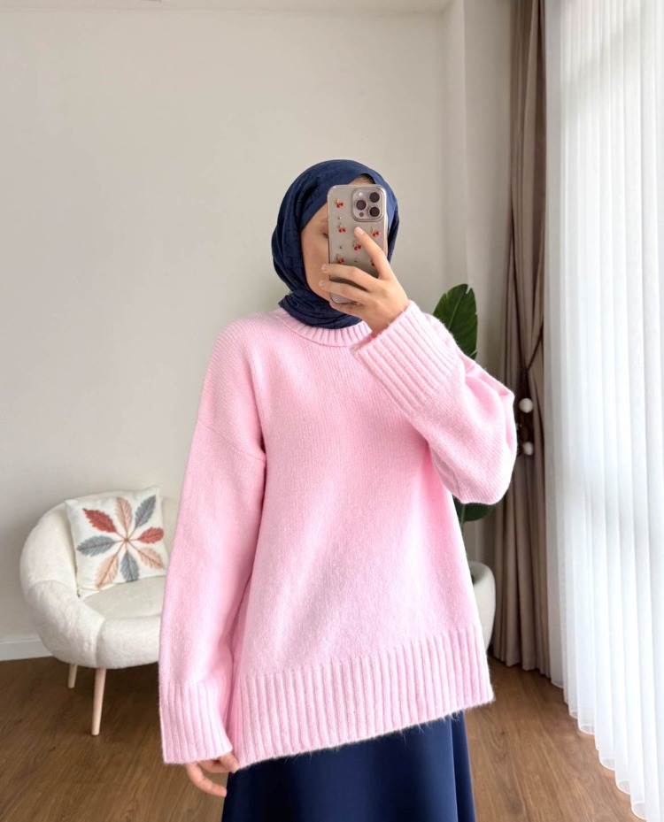 Oversize Bisiklet Yaka Tesettür Kazak - Pembe