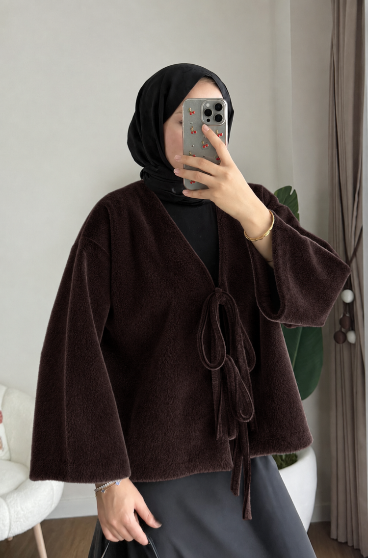 Etek Üstü Önden Bağlamalı Fox Kimono - Kahverengi